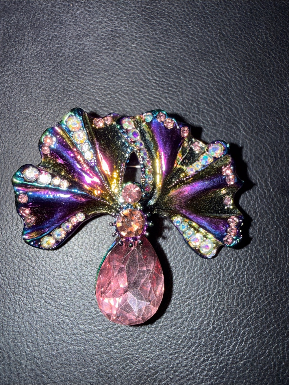 Pink Crystal Drop Brooch with Iridescent Fan Wings
